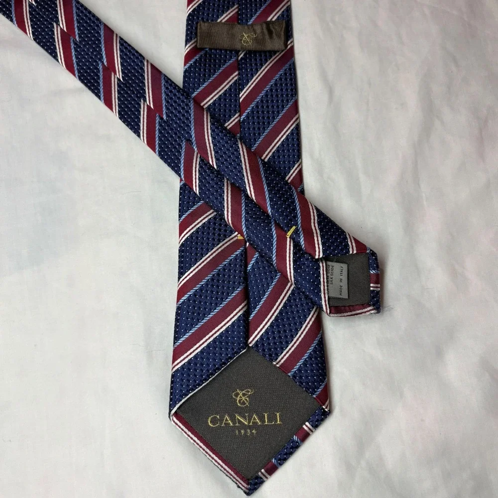 Canali 1934 Mens Silk Necktie Navy Blue Burgundy White Striped Made in Italy - Picture 2 of 5